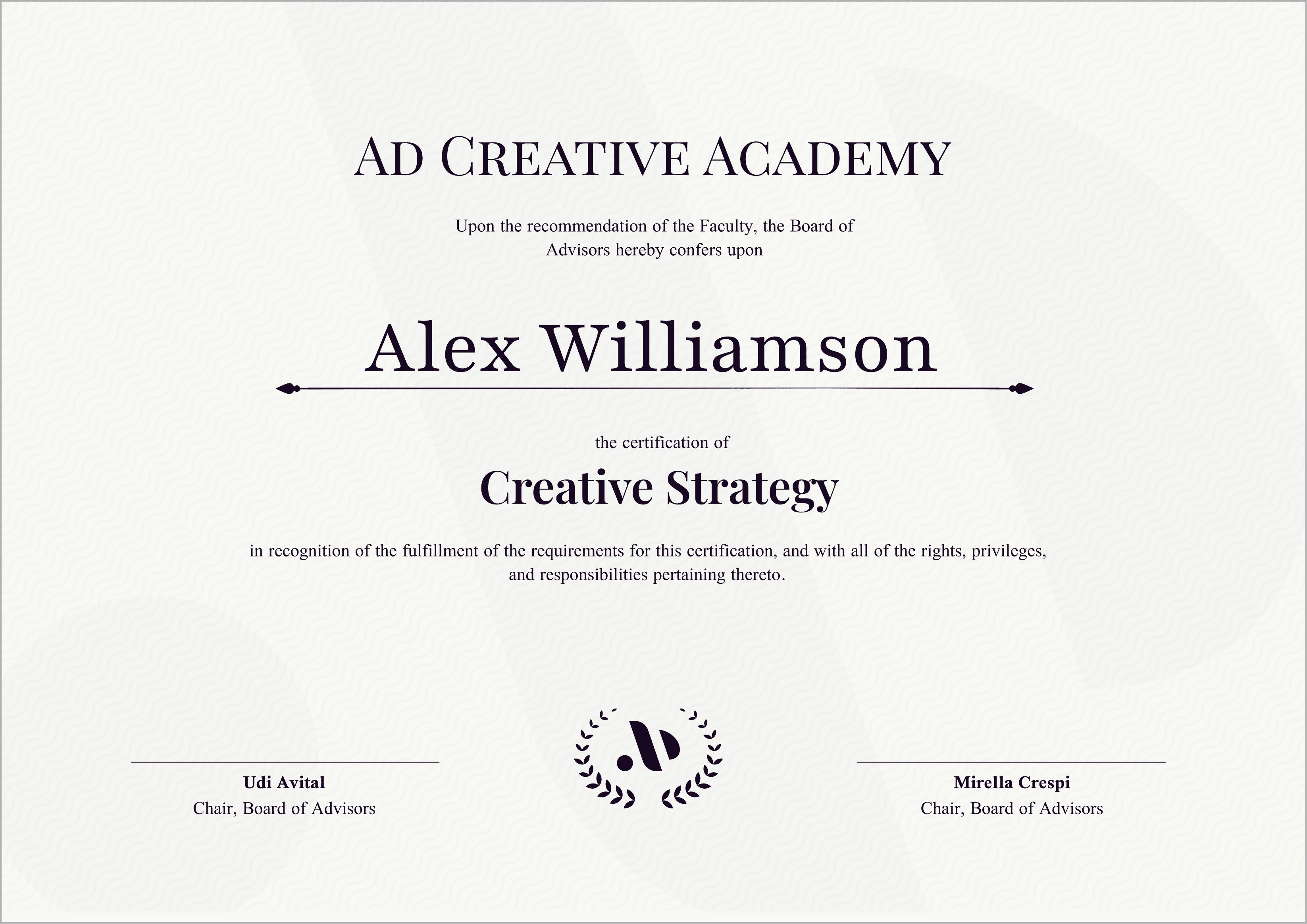 Ad Creative Academy certificate of Creative Strategy, signed by the Board of Advisors