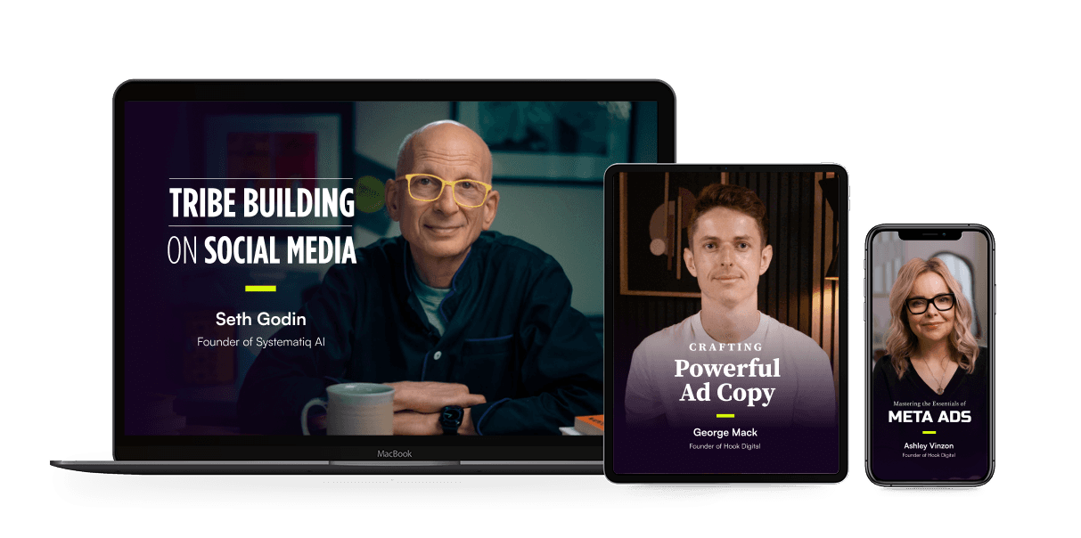 Ad Creative Academy courses on laptop, tablet and phone: Tribe Building on Social Media with Seth Godin, Crafting Powerful Ad Copy with George Mack, and Meta Ads with Ashley Vinson
